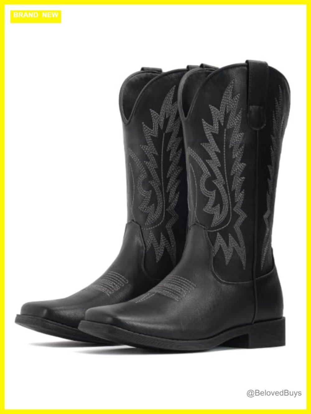 IUV Women's Faux Leather Square Toe Embroidered Western Mid Calf Cowboy Boots